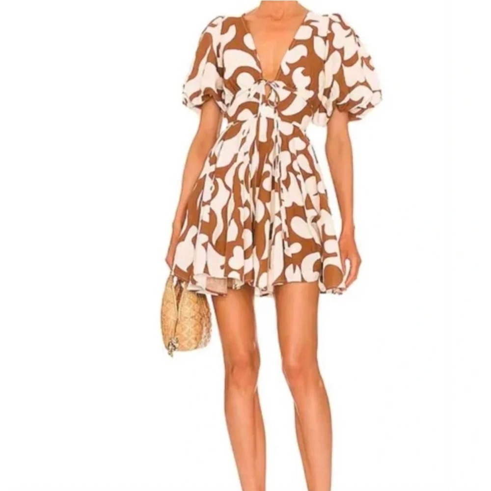 House of Harlow 1960 Mini Dress 6 Floral Brown Ivory Vacation Party‎ Puff Sleeve